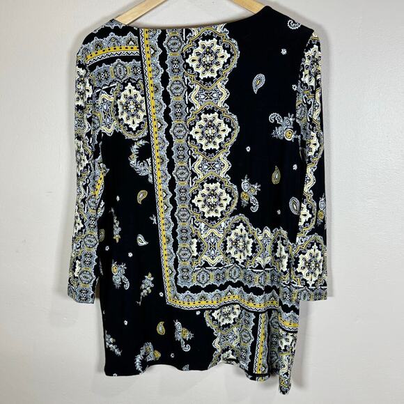 Chicos Womens Blouse 3/4 Sleeve Paisley size XL Yellow Black Rayon Stretch - Picture 5 of 8